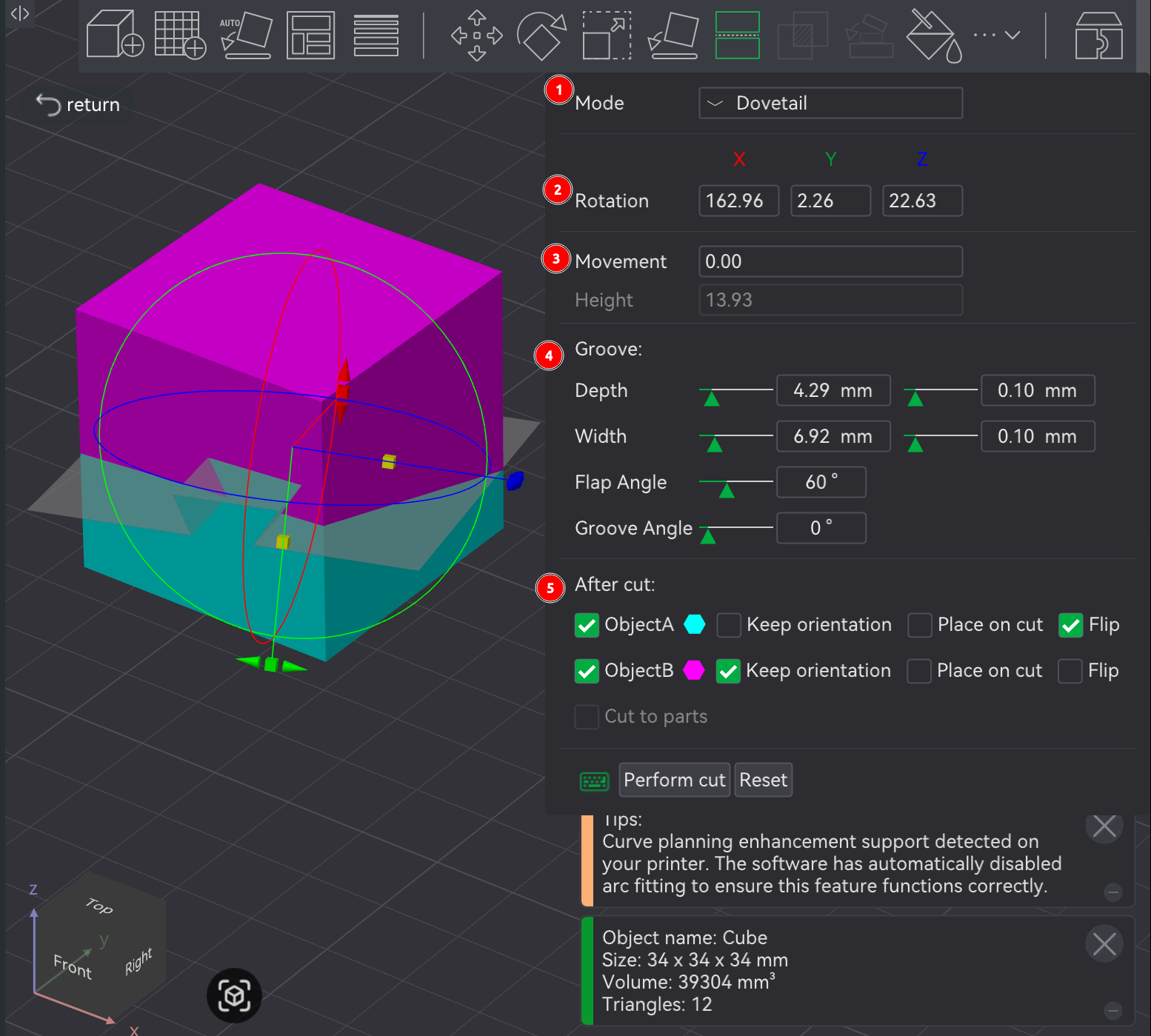 Bambu Studio Prepare screen cut planar parameters